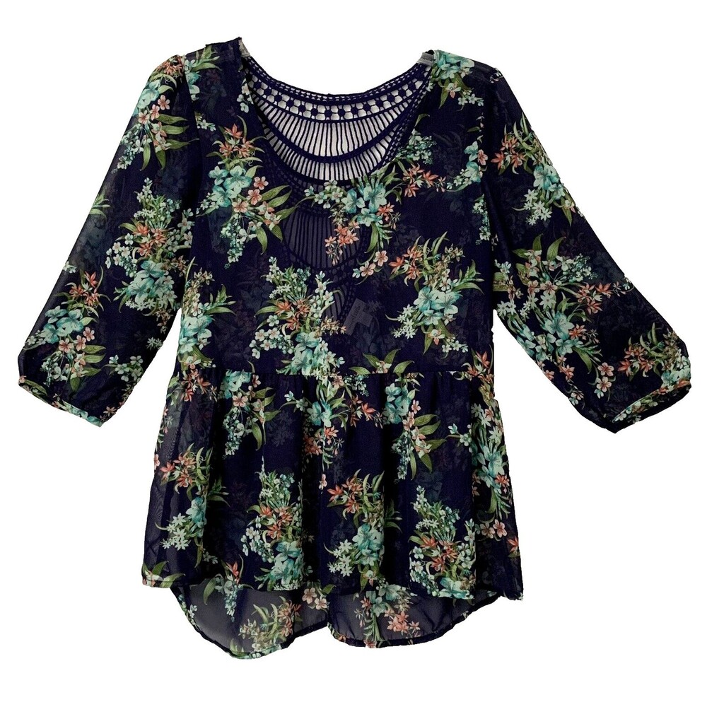 Charming Charlie Top Women Small ScoopNeck Sheer Floral Babydoll Lace Fairy Boho